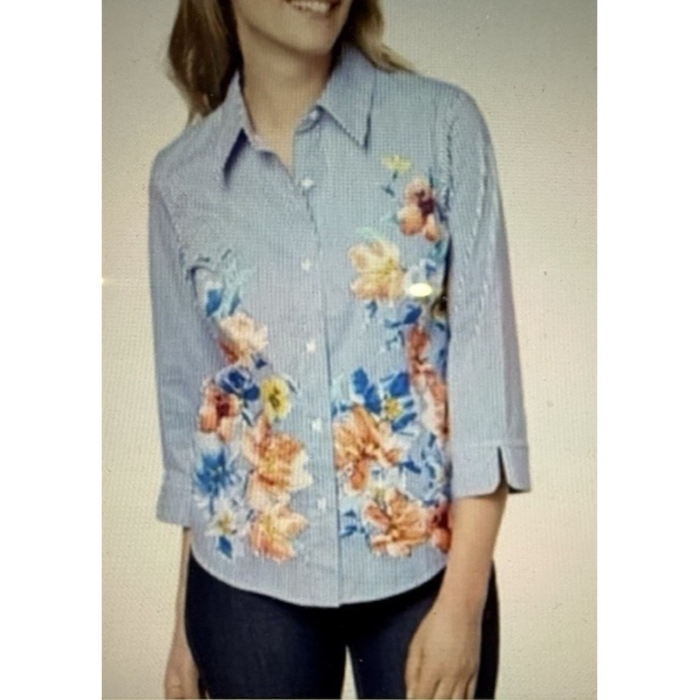 Alfred Dunner Floral Stripped Women's Size 14 Button Down‎ Blouse 3/4 sleeve